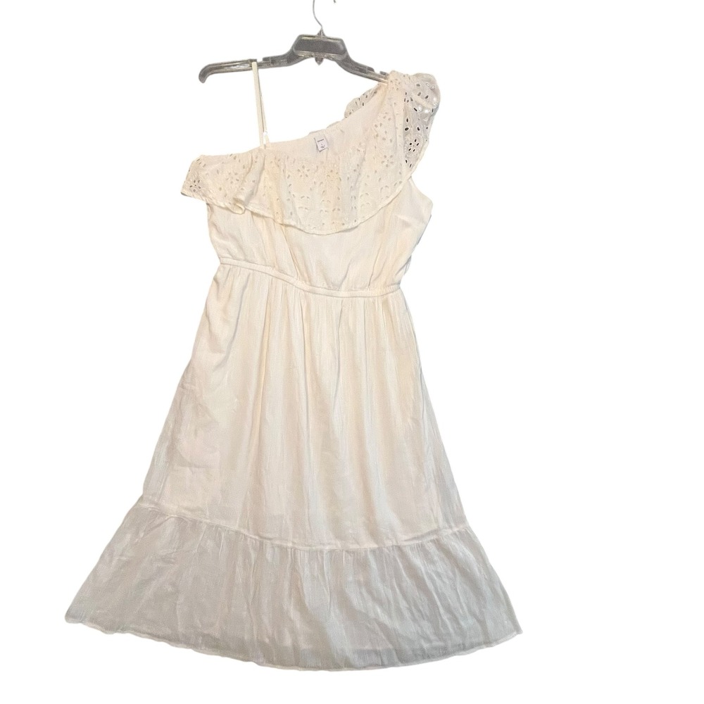 Old Navy Womens Dress Sz L‎ Off-White One Shoulder Eyelet Ruffle Boho Casual NWT